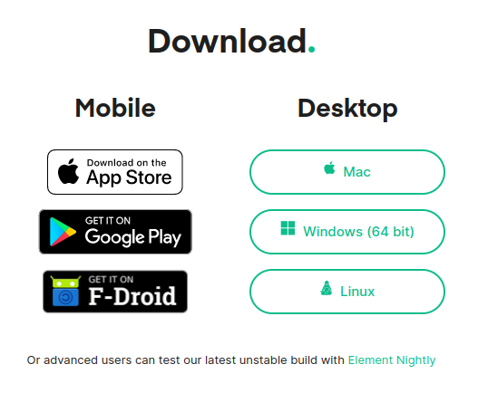 Capture d'écran de la page de téléchargement du client Element