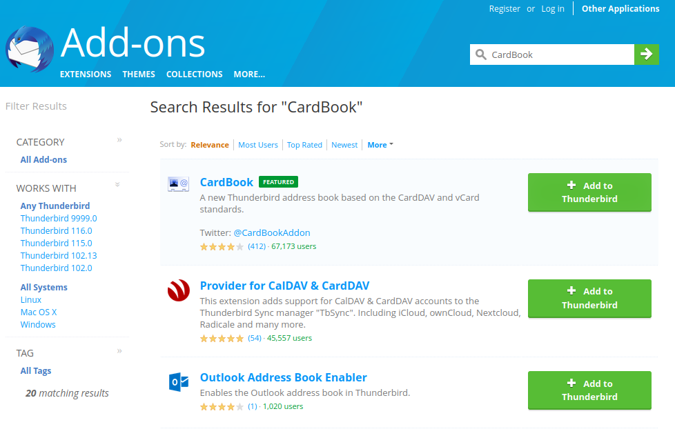 Capture d'écran de la page de recherche d'extensions Thunderbird, sur le résultat de CardBook